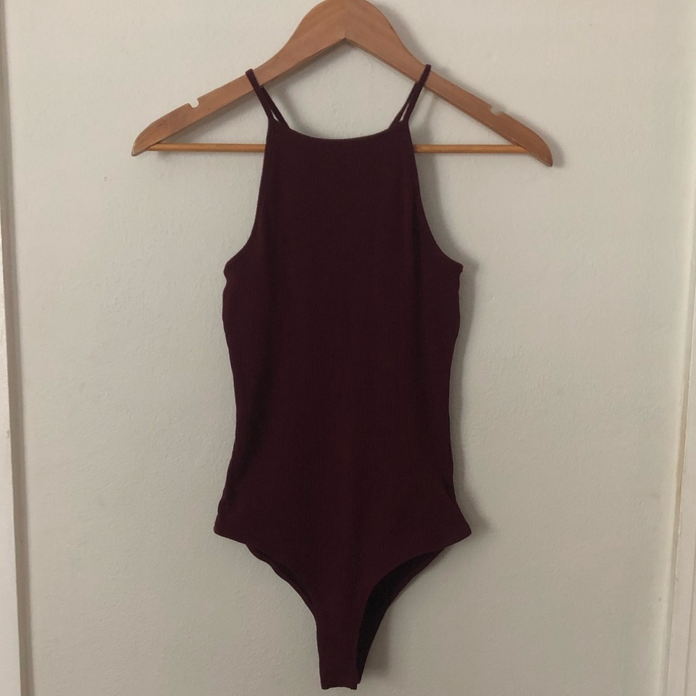 Ribbed High Neck Burgundy Bodysuit w/ Snap Closure